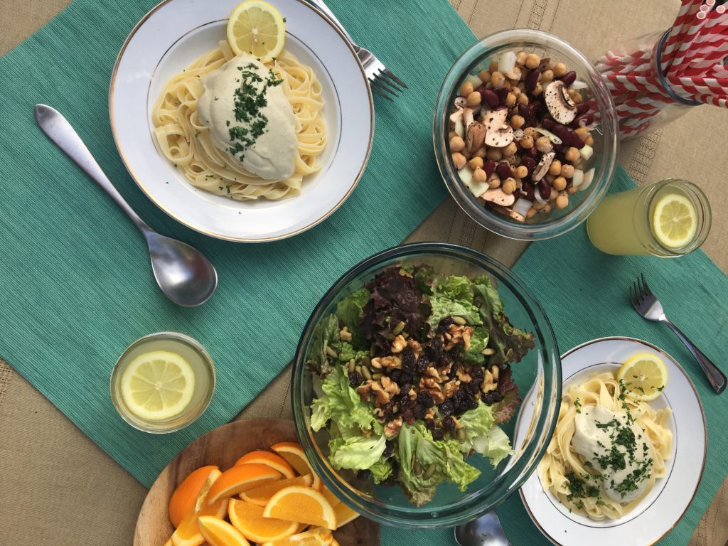 Vegan dinner spread.