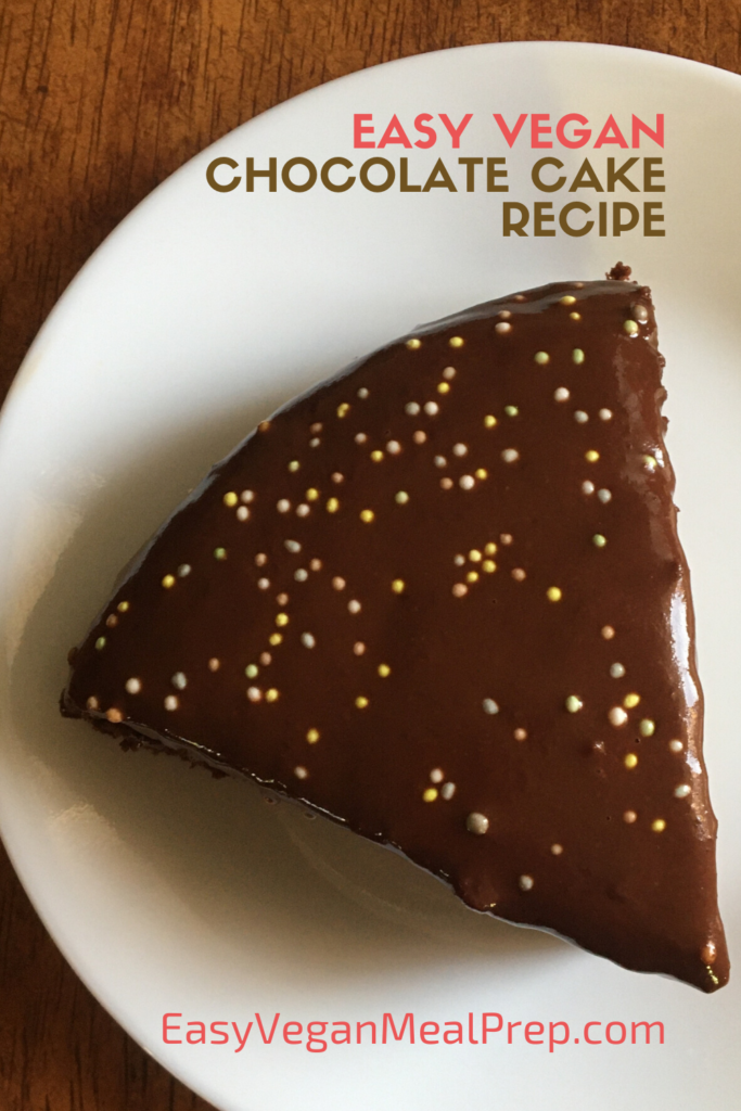 Photo with caption "Easy Vegan Chocolate Cake Recipe". easyveganmealprep.com. Photo shows piece of chocolate cake on a plate on a table with overhead view.