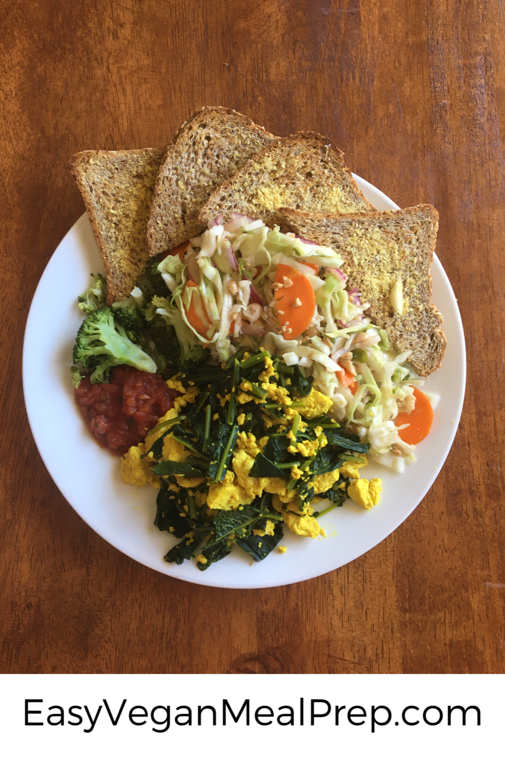 Easy Vegan Lunch: Tofu Kale Scramble, Peanut Cabbage Slaw and Garlic Toast - EasyVeganMealPrep.com