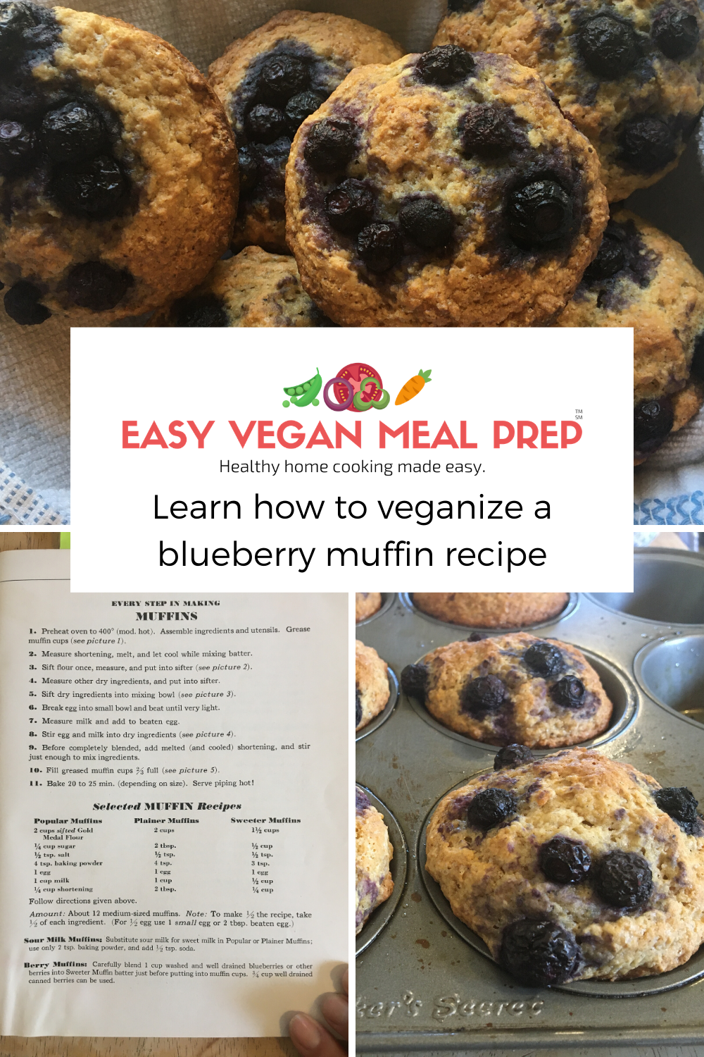 Learn how to veganize a blueberry muffin recipe - easyveganmealprep.com. Blueberry muffins in a basket, in a baking pan, and a photo of a vintage muffin recipe.