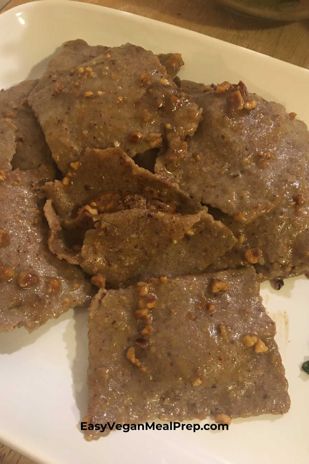 Homemade vegan ravioli with sweet potato, hazelnut and brown sugar.