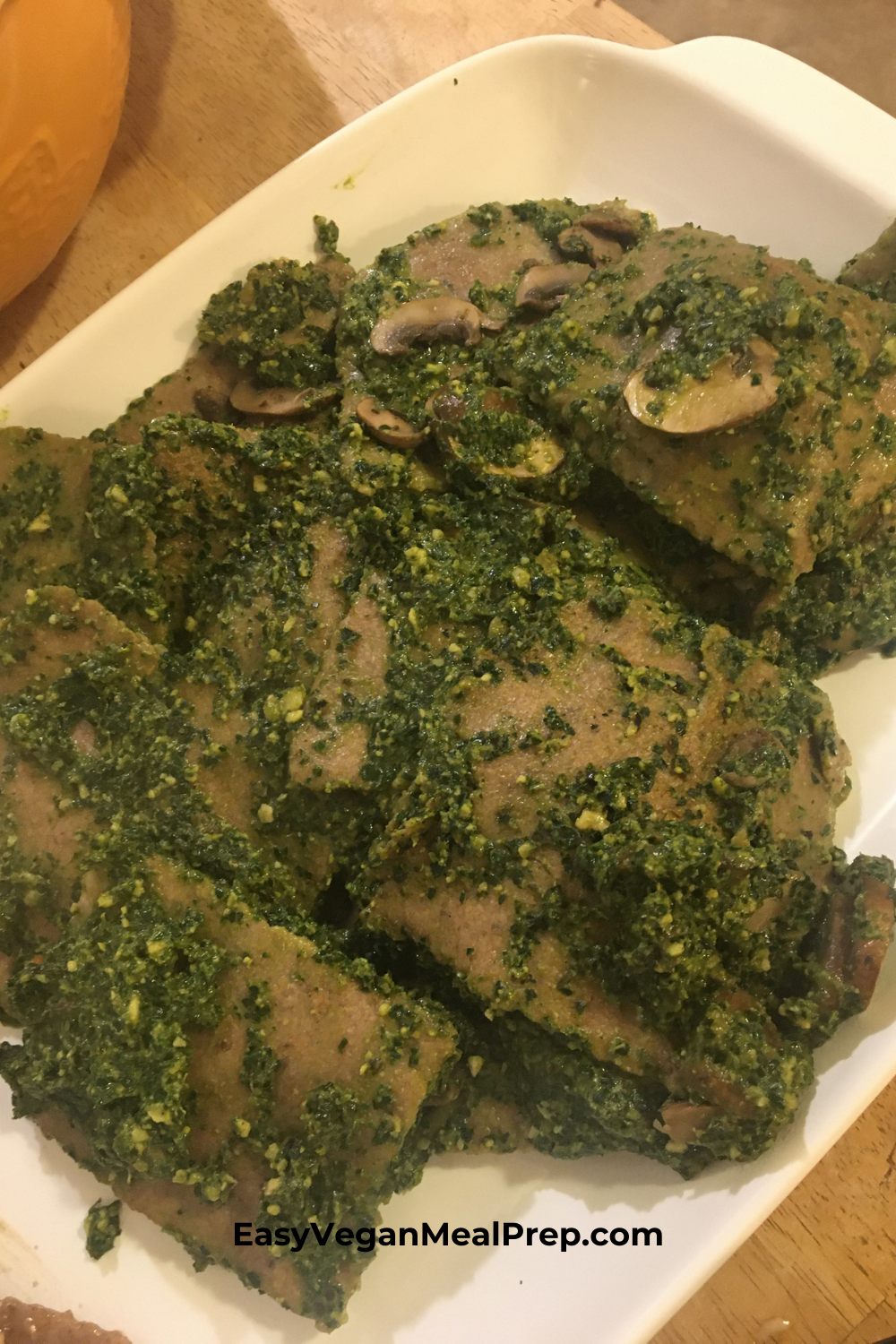 Vegan Kale Pesto Ravioli with Mushrooms