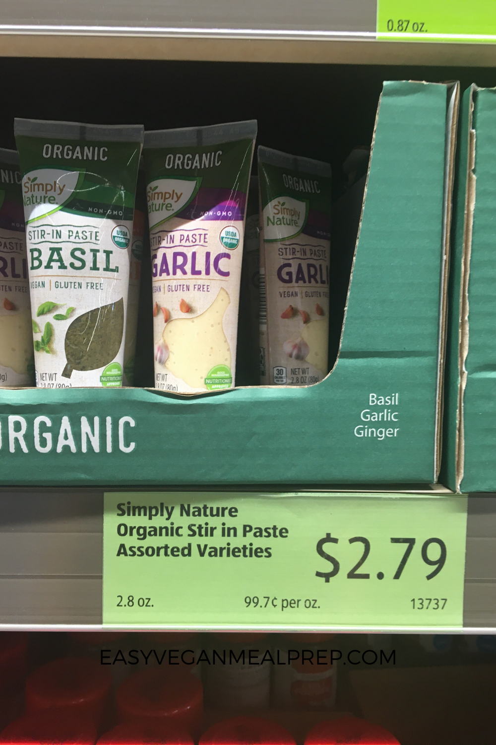 Organic basil paste and organic garlic paste at Aldi.