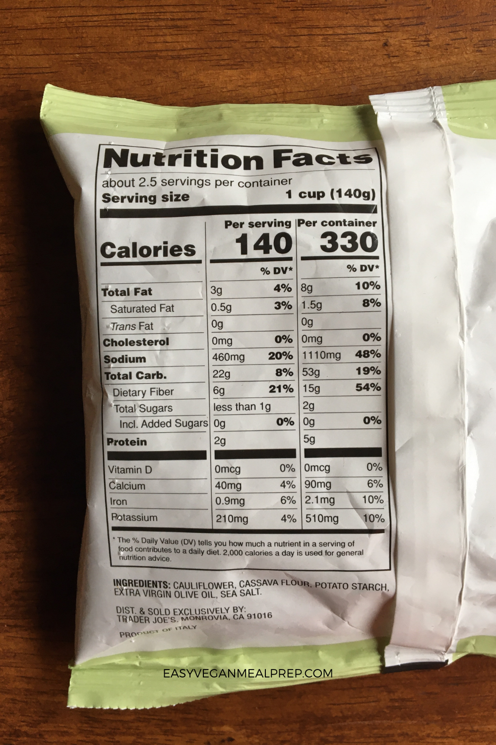 Trader joes cauliflower gnocchi nutrition facts photo