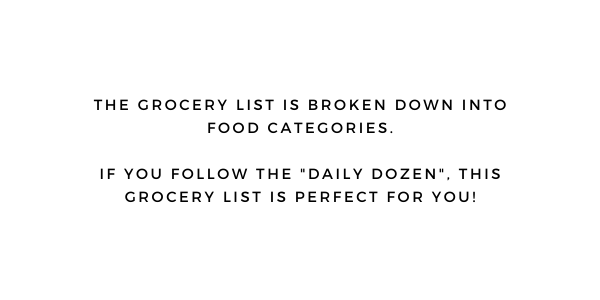 The grocery list is broken down into food categories. If you follow the "Daily Dozen" this grocery list is perfect for you!