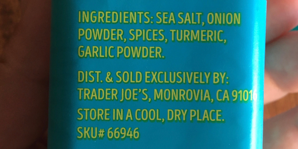 Trader Joes Chickenless seasoning salt ingredients photo